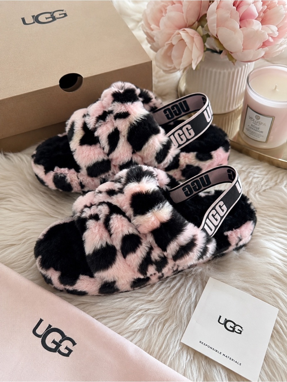 UGG Fluff Yeah Animalia Slippers – Pink/Black Leopard Print Size 7 NWT